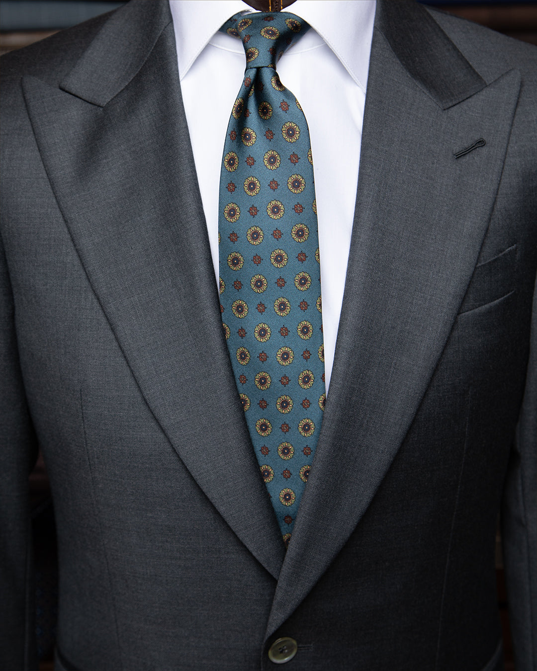 Sky Blue Tie with Green and Bronze Floral Pattern