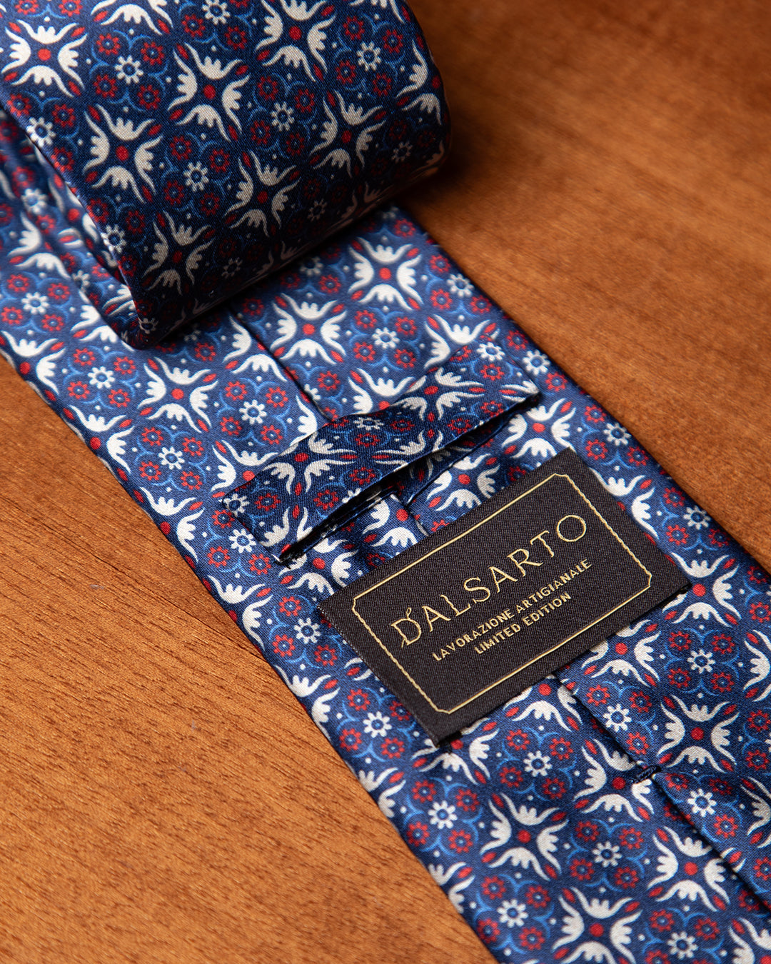 Blue Tie with Heraldic Arabesque and Ruby Accents