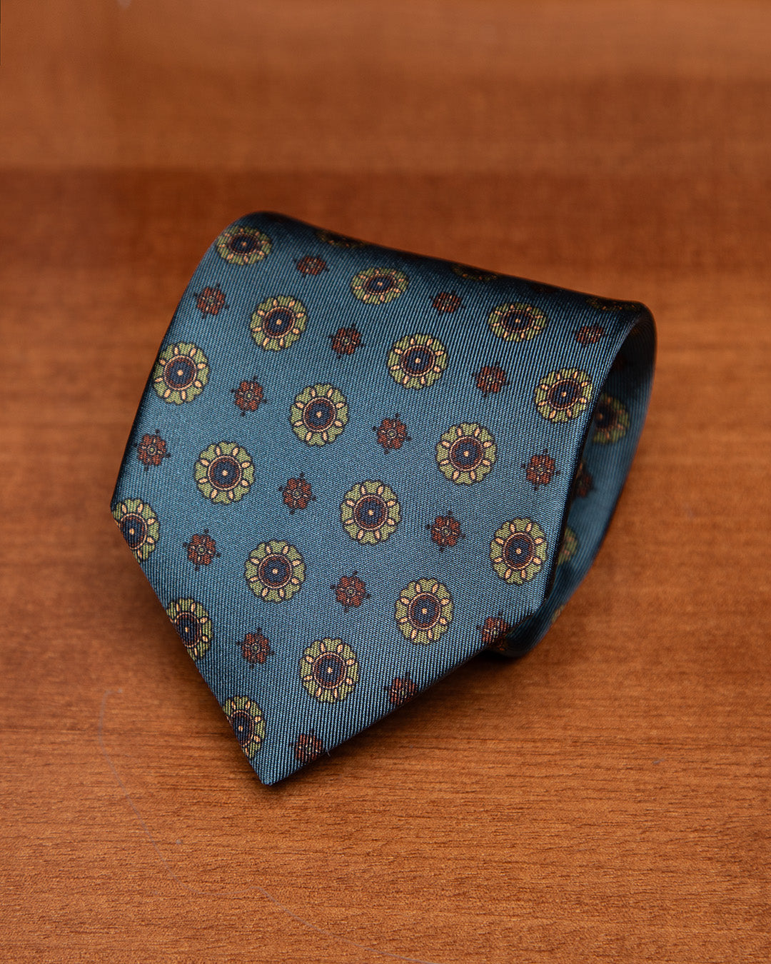 Sky Blue Tie with Green and Bronze Floral Pattern