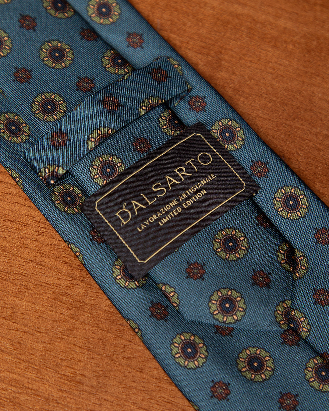 Sky Blue Tie with Green and Bronze Floral Pattern