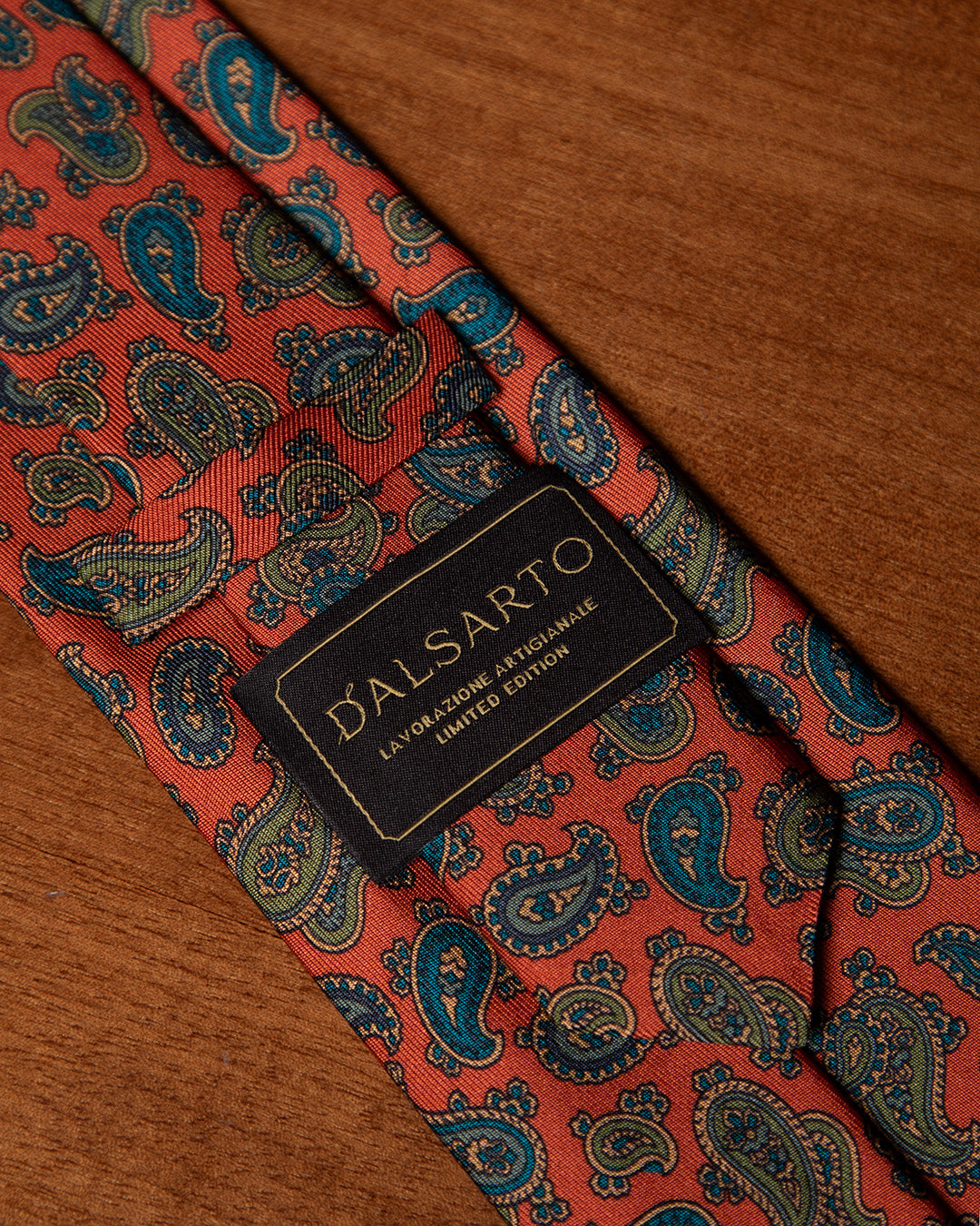 Orange Tie with Light Blue and Sage Paisley Pattern