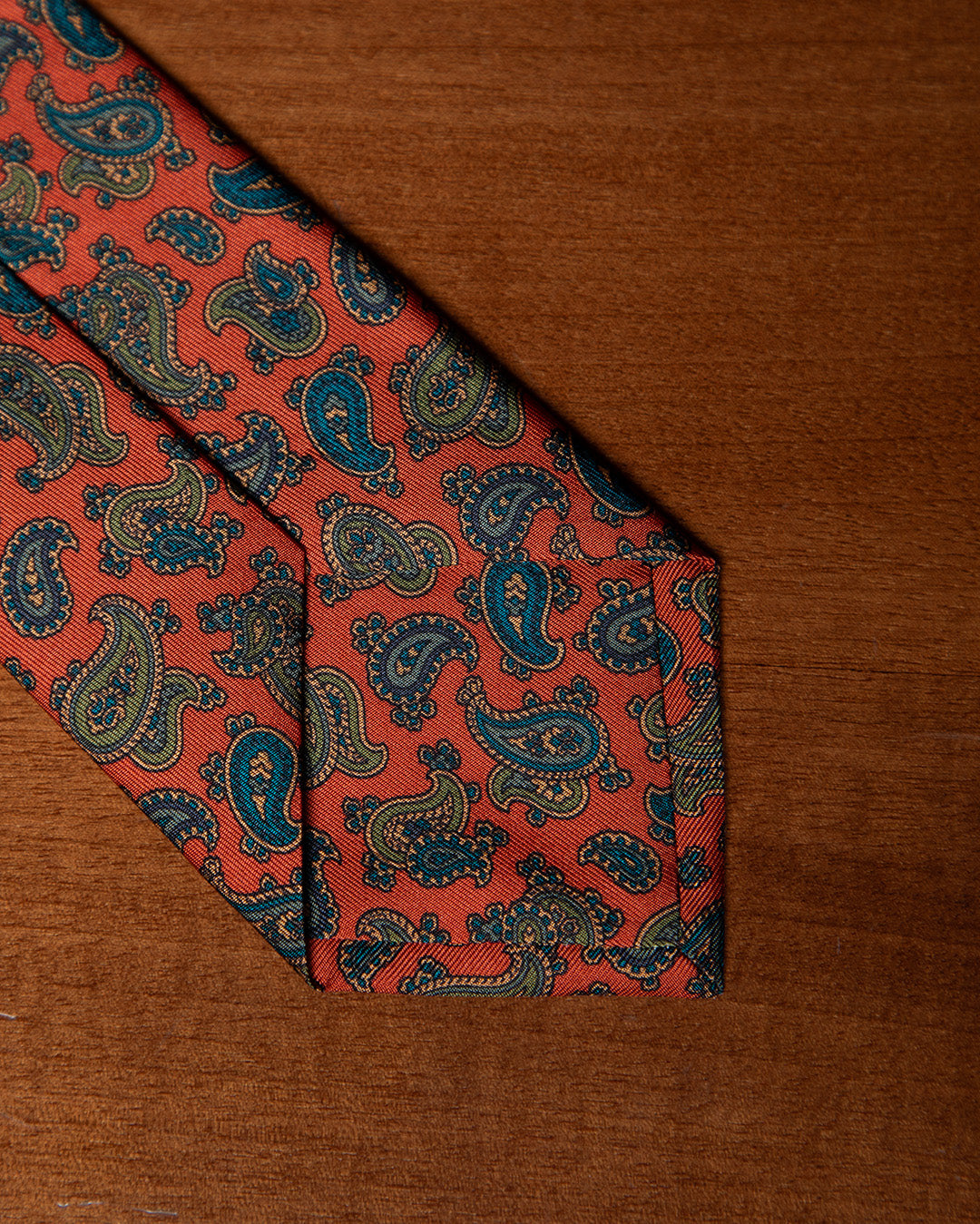 Orange Tie with Light Blue and Sage Paisley Pattern