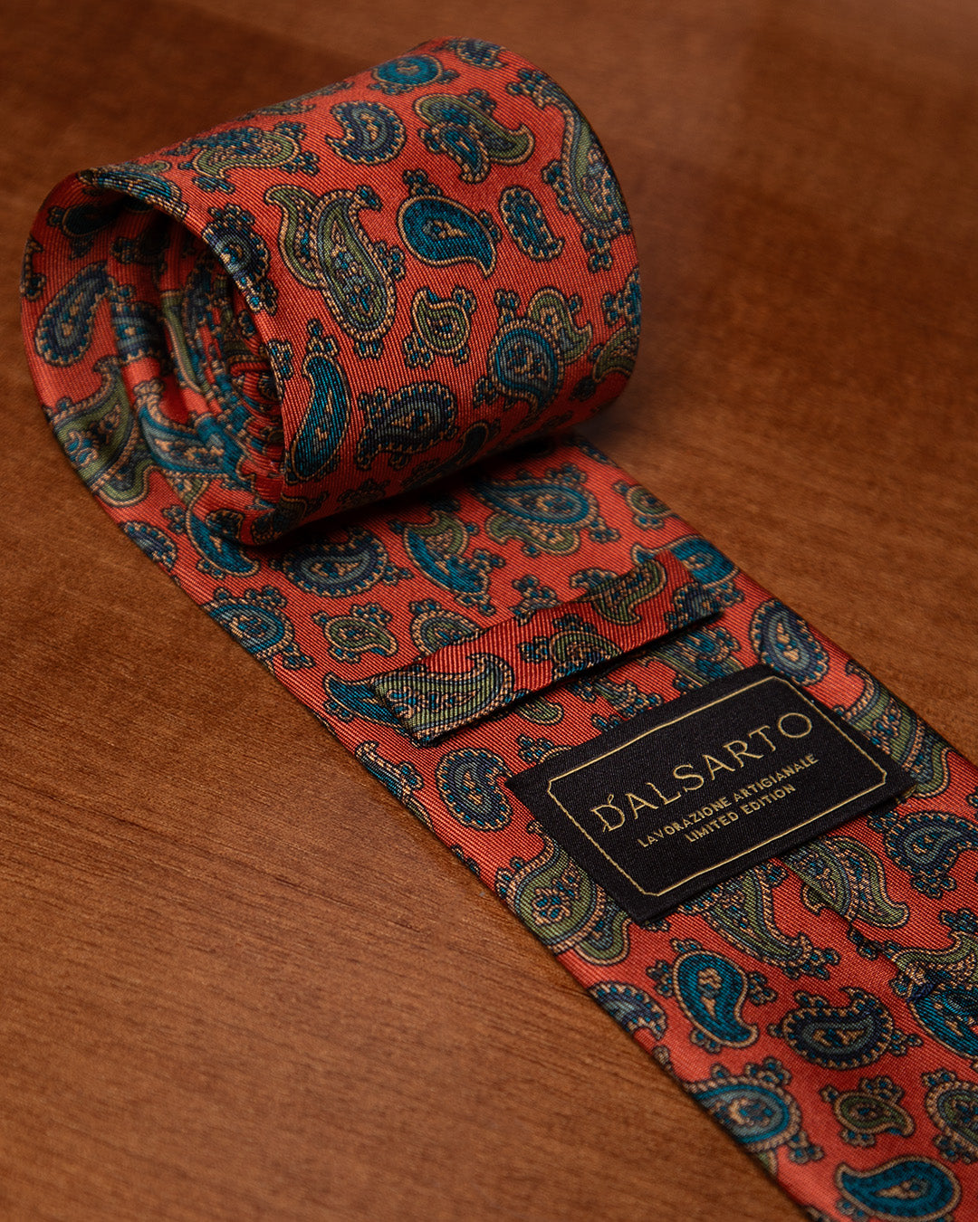 Orange Tie with Light Blue and Sage Paisley Pattern