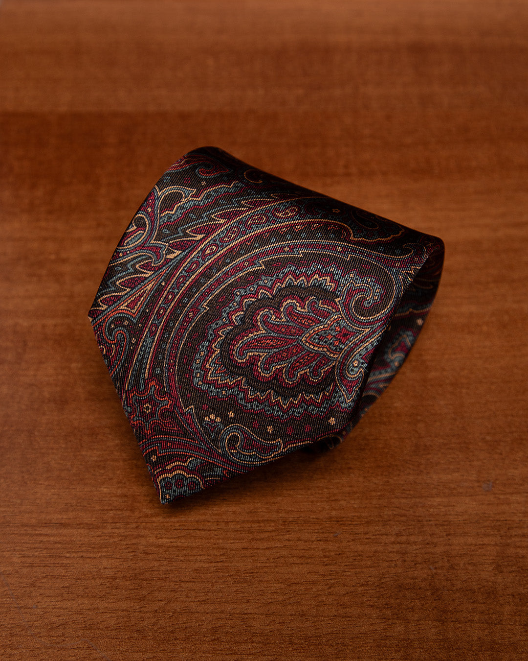 Cravatta Marrone con Paisley Rosso, Bronzo e Avio