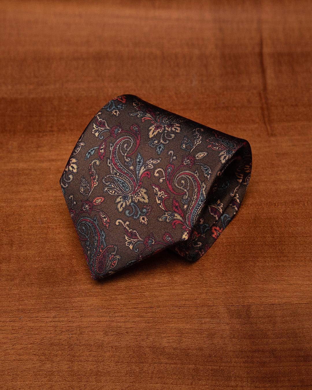 Brown Tie with Saffron and Ruby Floral Pattern