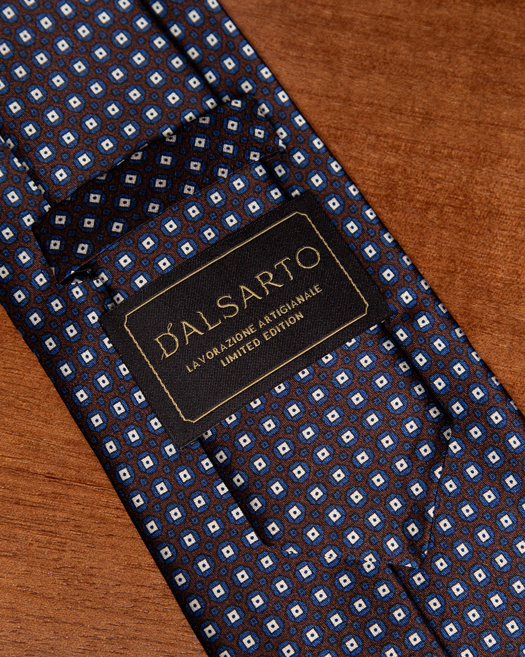 Brown and Blue Tie with Geometric Lattice Pattern