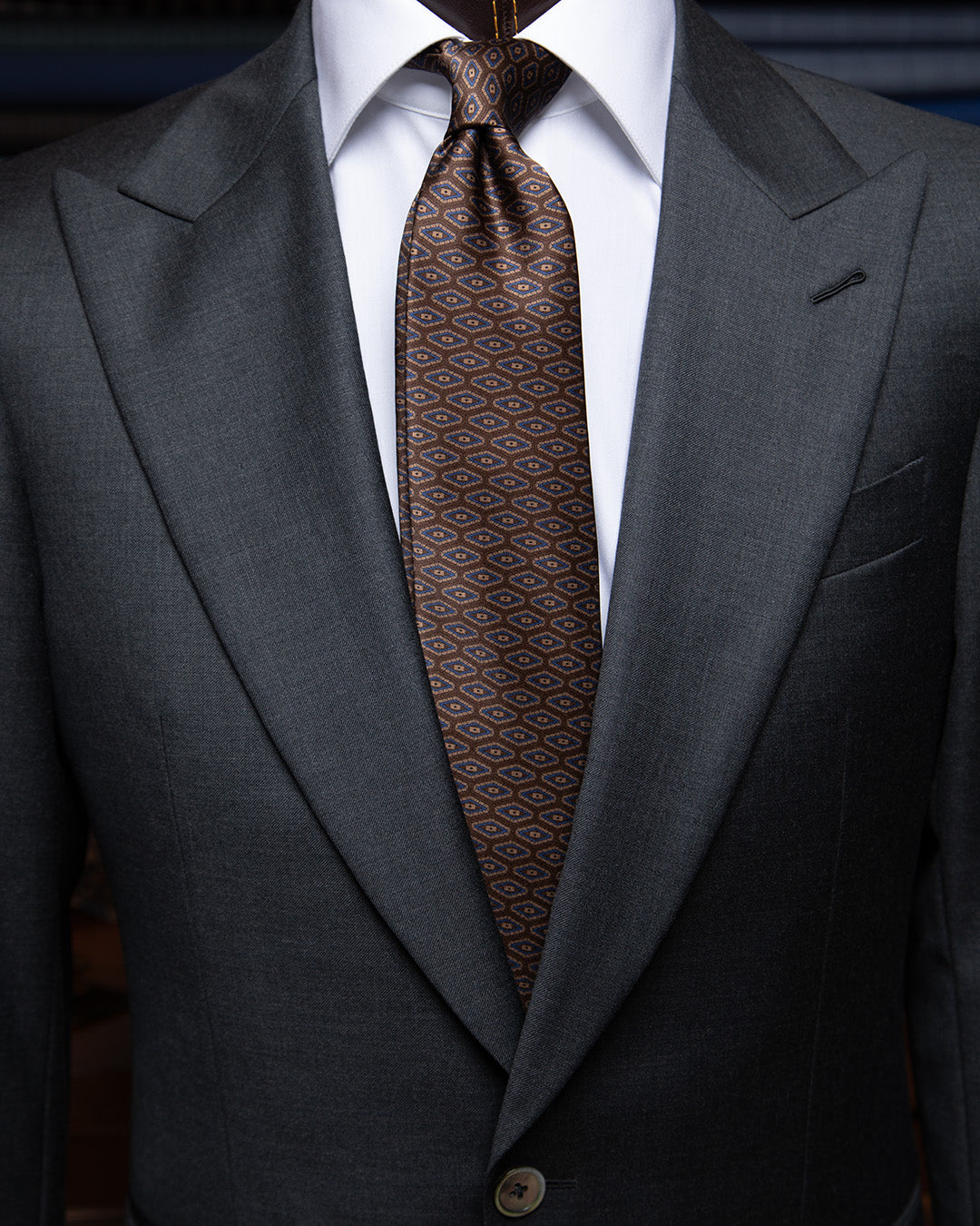 Brown Tie with Dark Blue Diamonds