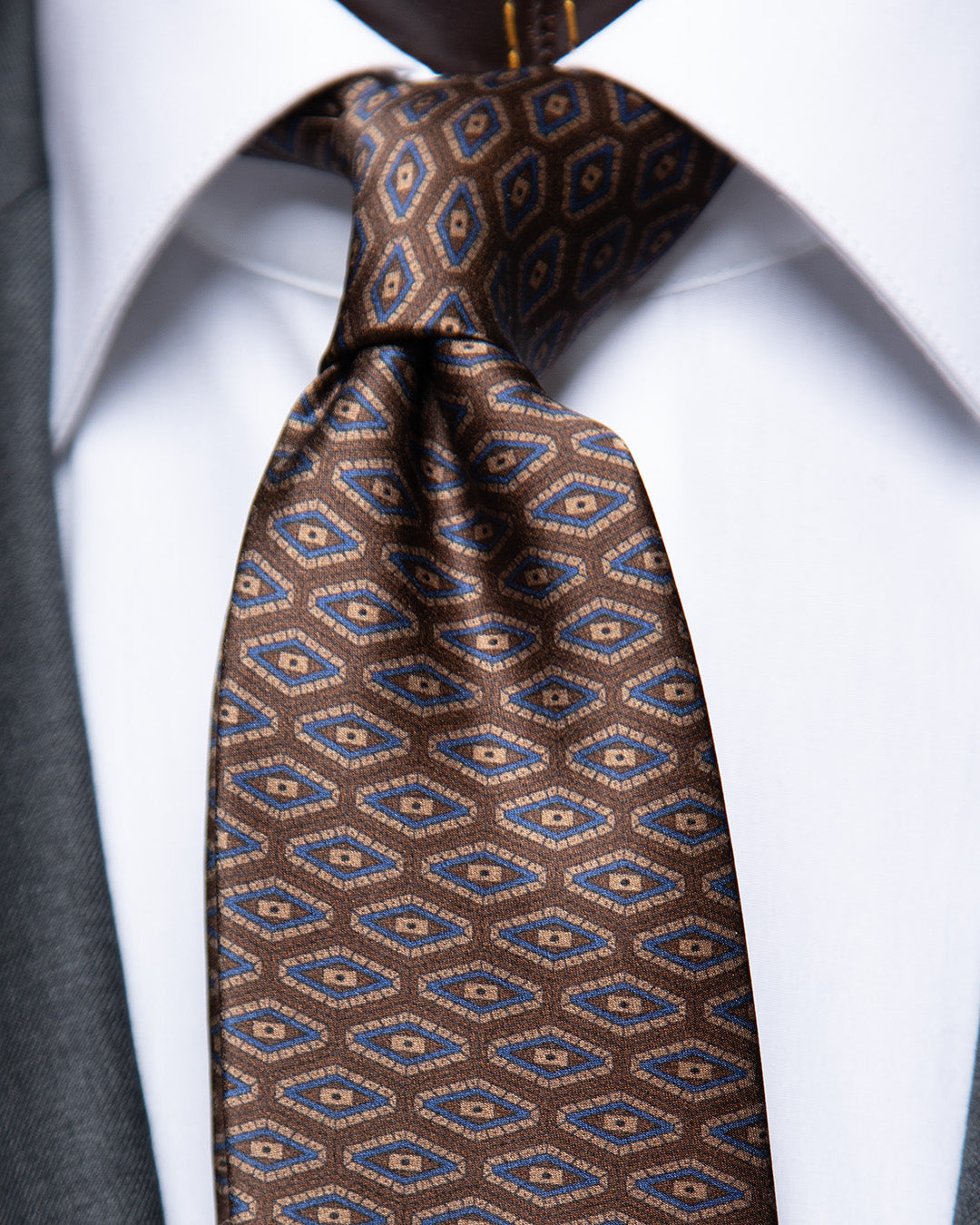Brown Tie with Dark Blue Diamonds