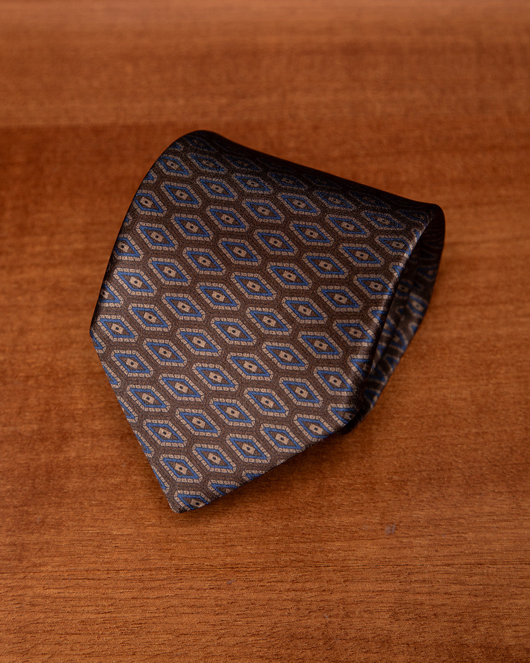 Brown Tie with Dark Blue Diamonds