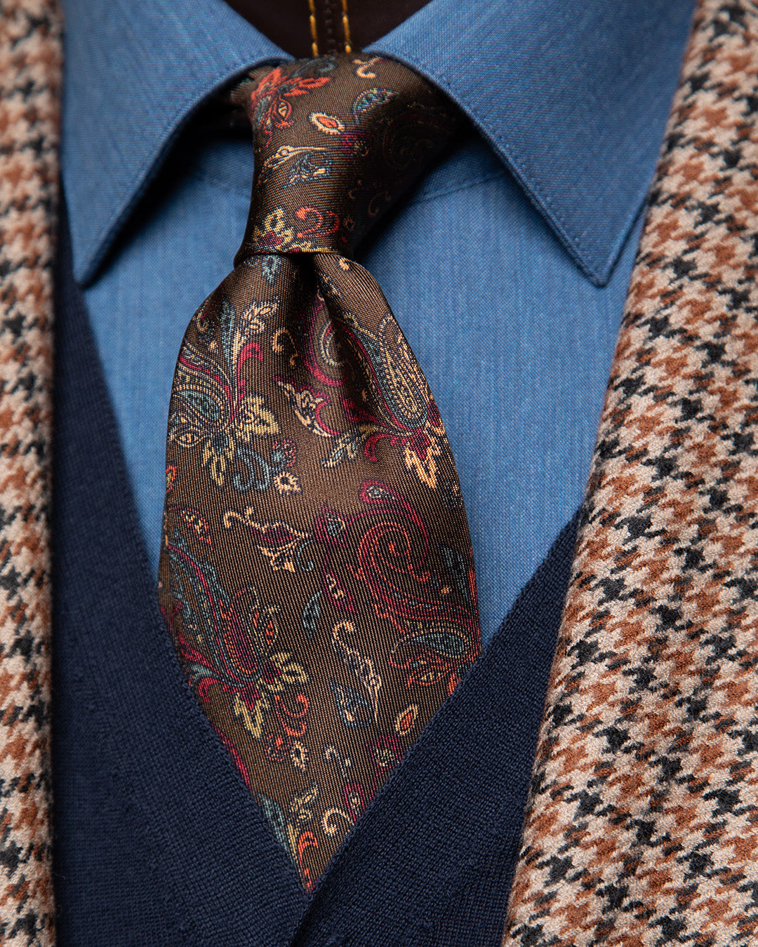 Brown Tie with Saffron and Ruby Floral Pattern
