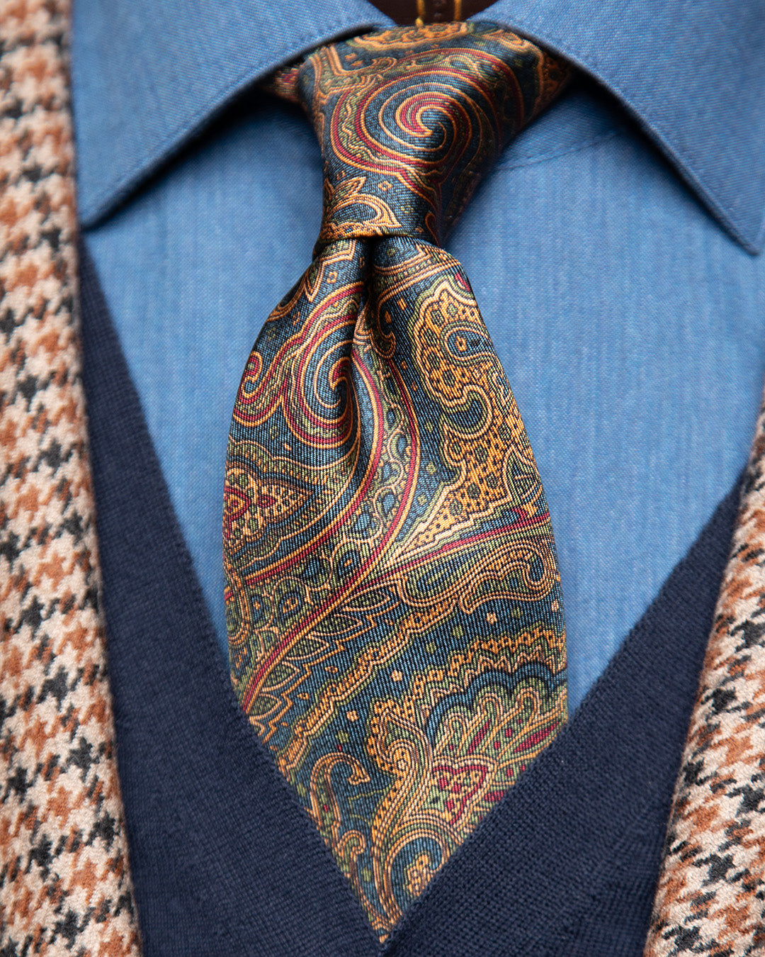 Cravatta Paisley Azzurro Avio e Bronzo Dorato