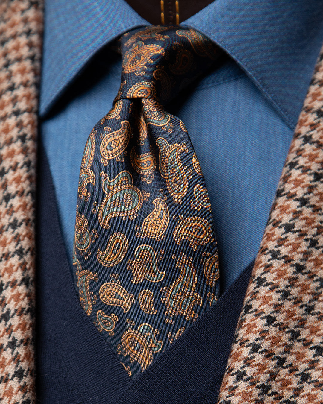 Navy Blue Tie with Light Blue and Gold Paisley Pattern