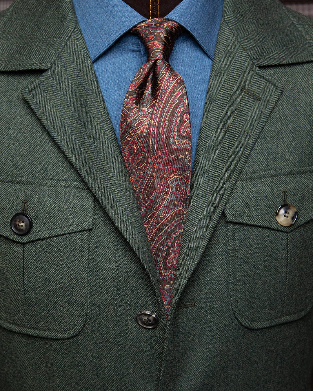Cravatta Marrone con Paisley Rosso, Bronzo e Avio