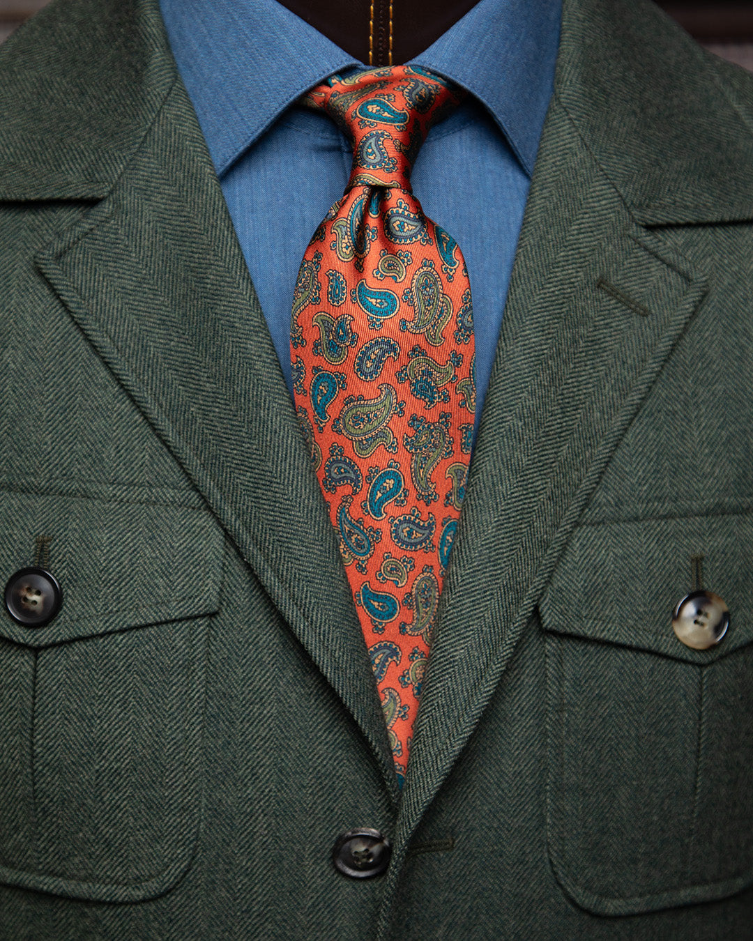 Orange Tie with Light Blue and Sage Paisley Pattern