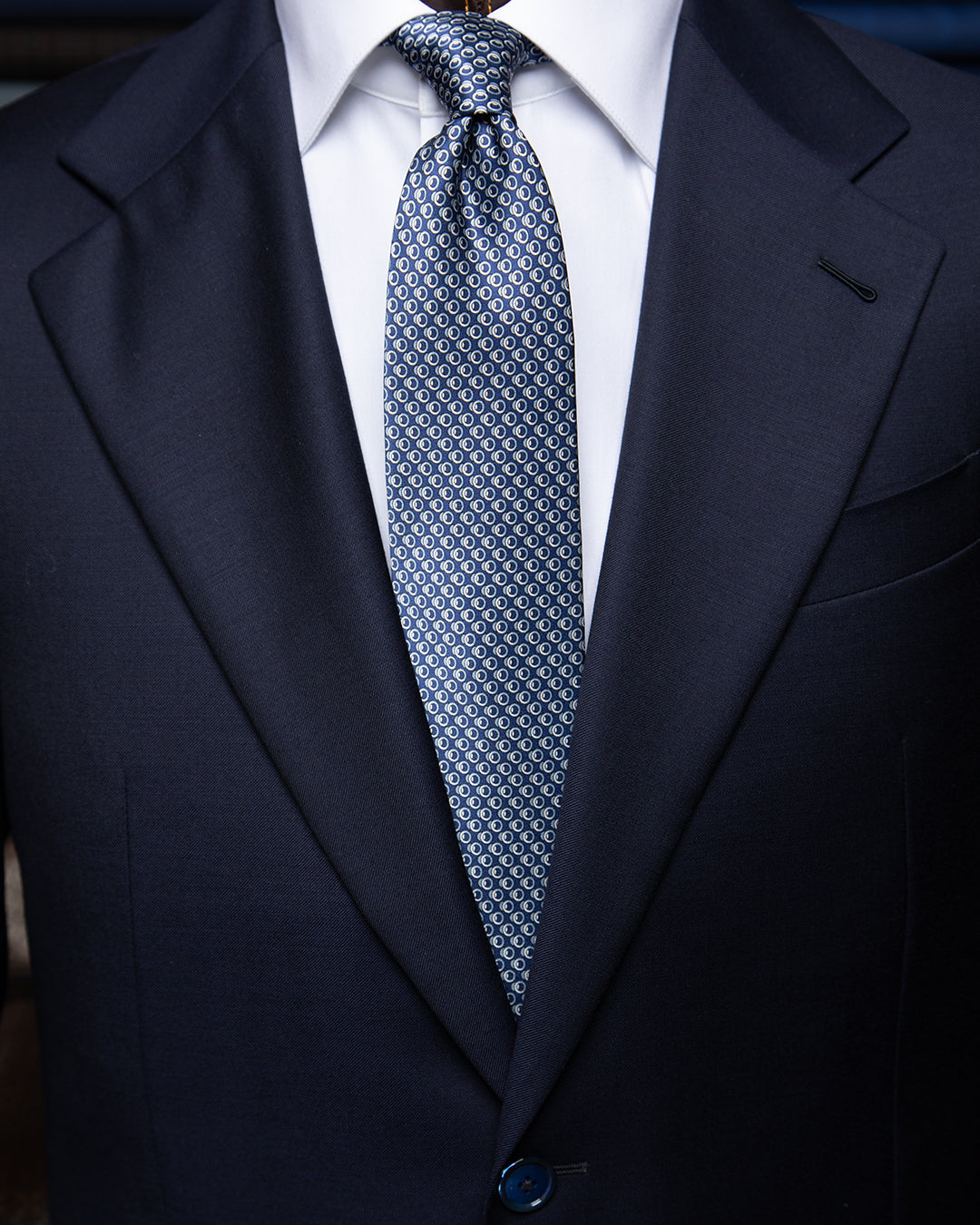 Navy Blue Tie with White and Light Blue Geometric Circle Pattern