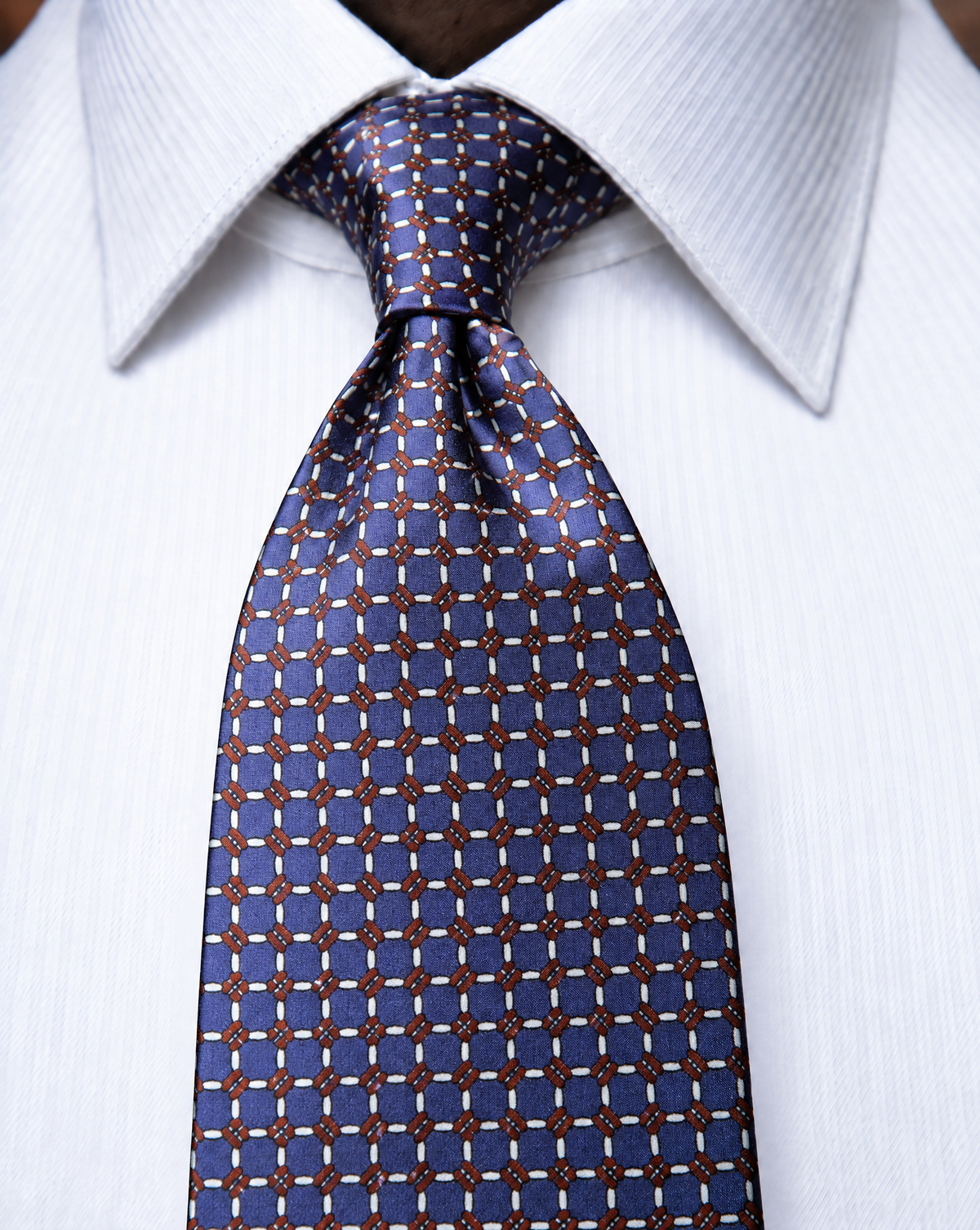 Cravatta Blu con Anelli Bianchi e Dettagli Bronzo