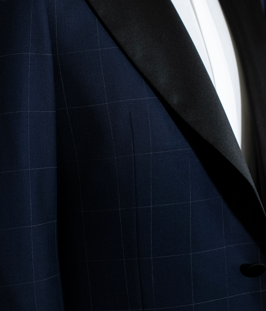 Dark Blue Checked Michelangelo Tuxedo with Black Lapels