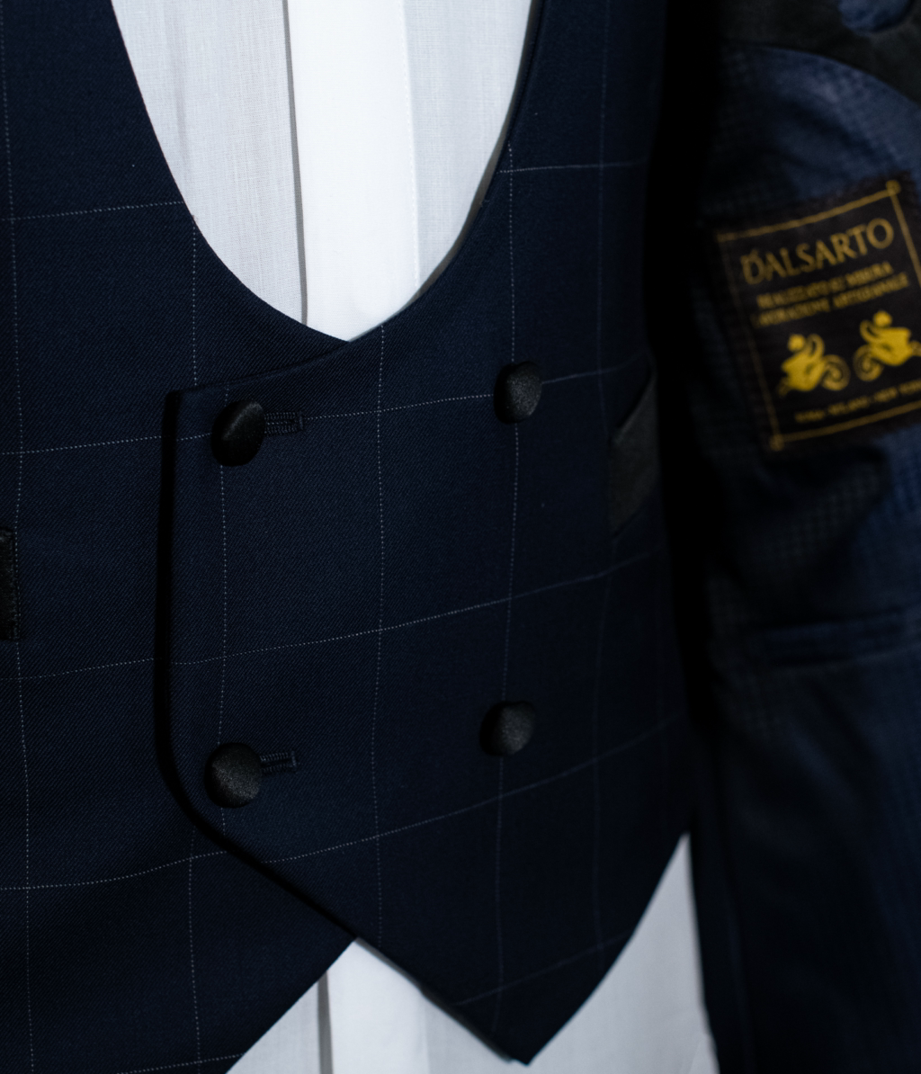 Dark Blue Checked Michelangelo Tuxedo with Black Lapels
