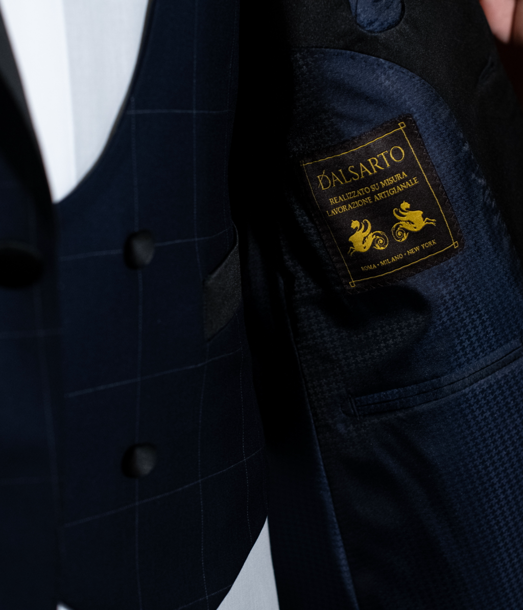 Dark Blue Checked Michelangelo Tuxedo with Black Lapels
