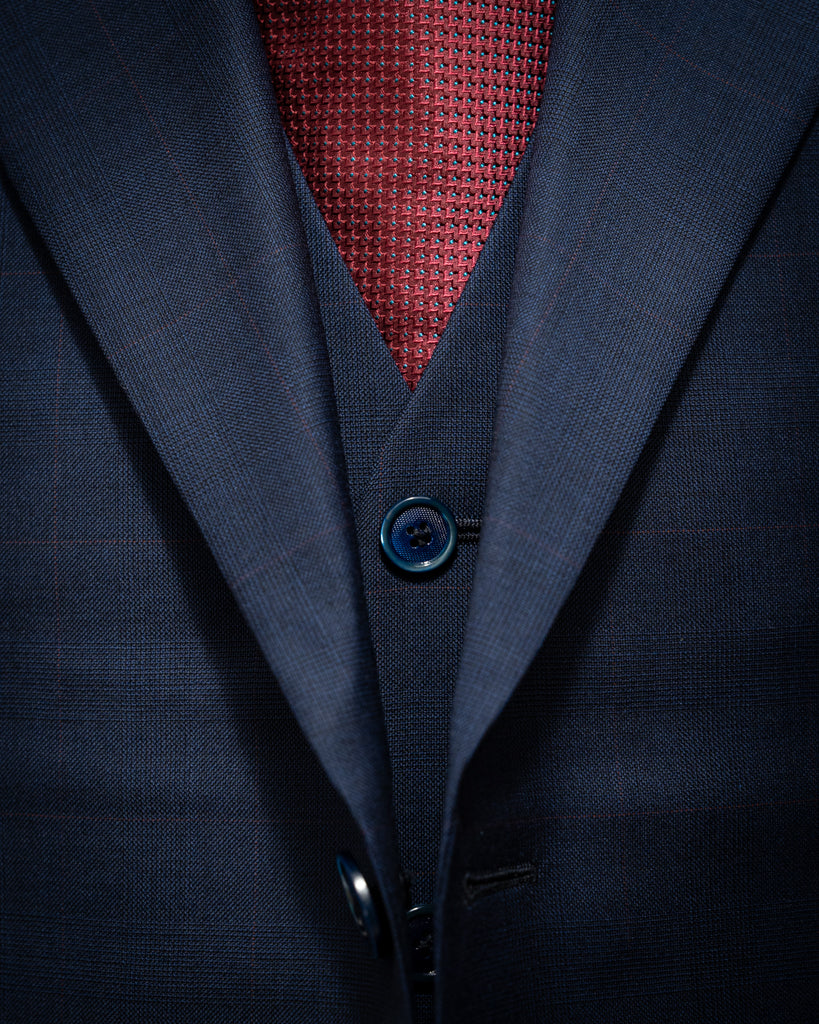Giotto Blue Suit with Red Micro Checks and Vest