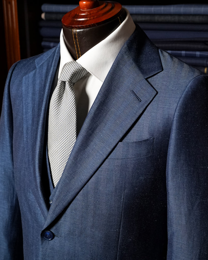Abito Giotto Lino Blu Spinato con Gilet