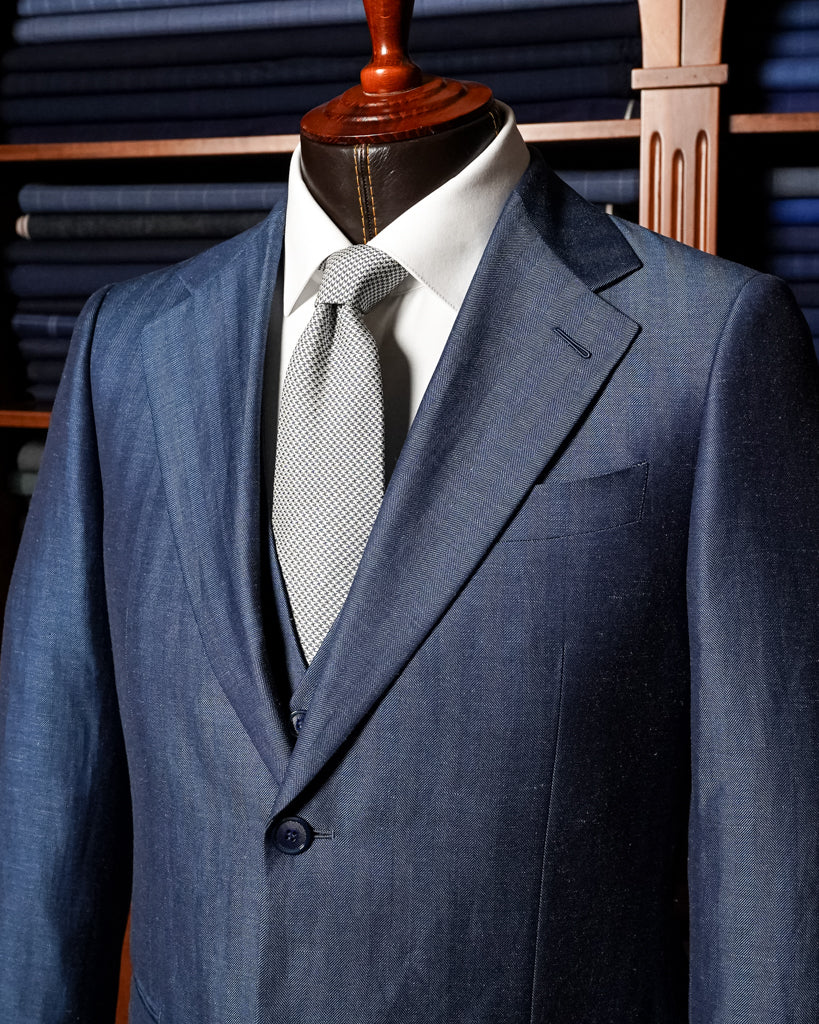 Abito Giotto Lino Blu Spinato con Gilet