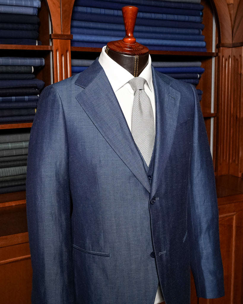 Abito Giotto Lino Blu Spinato con Gilet