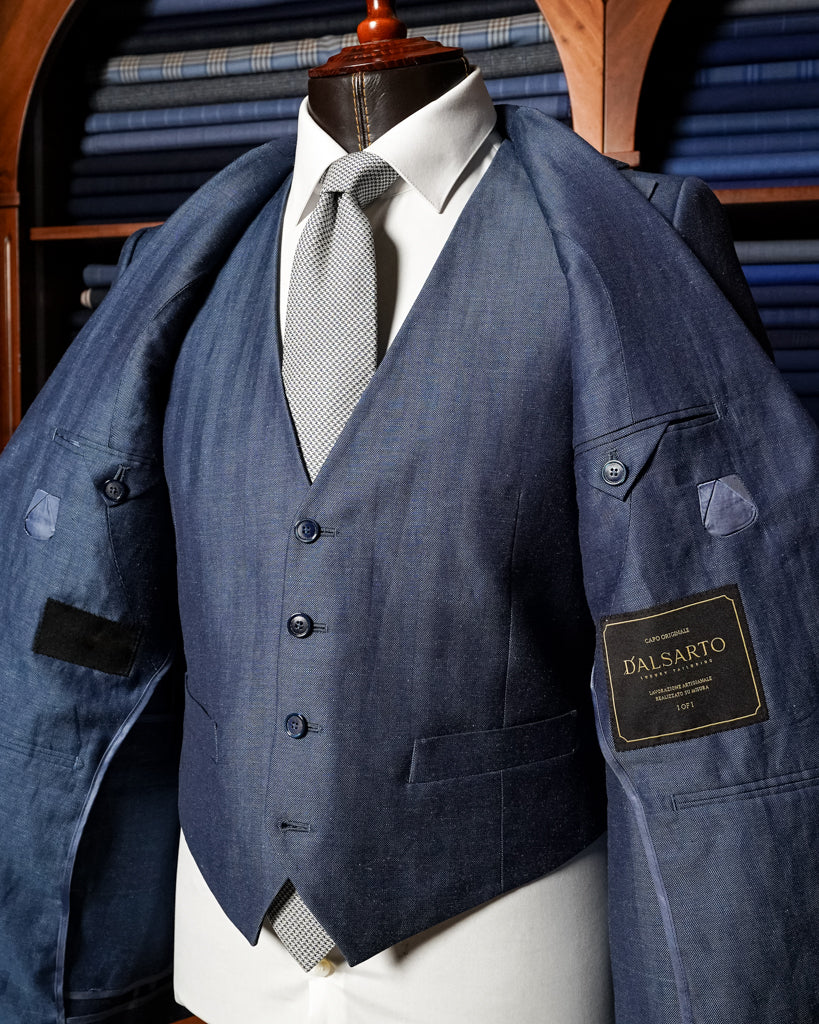 Abito Giotto Lino Blu Spinato con Gilet