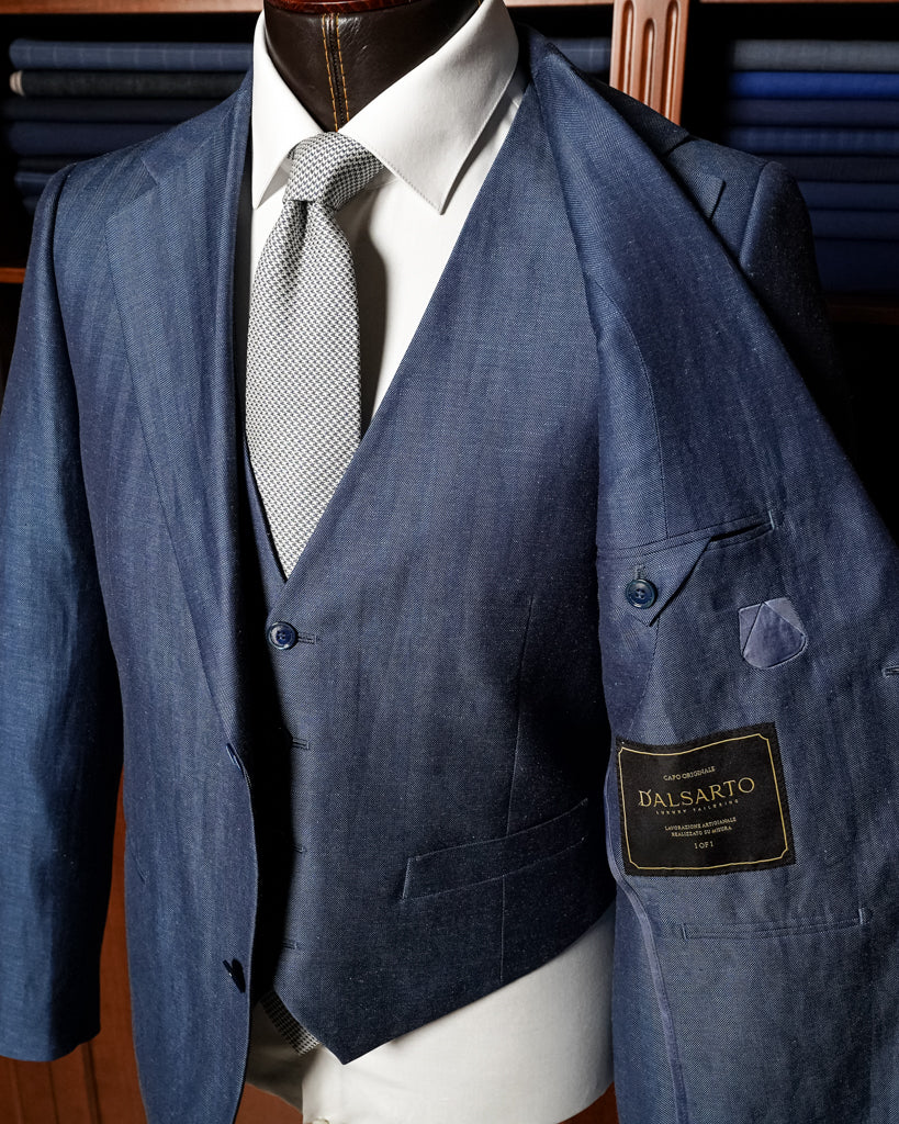 Abito Giotto Lino Blu Spinato con Gilet