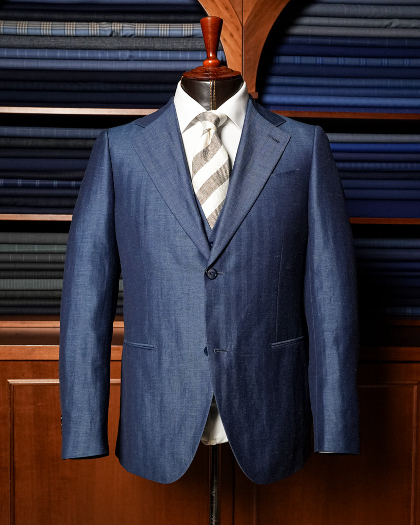 Abito Giotto Lino Blu Spinato con Gilet