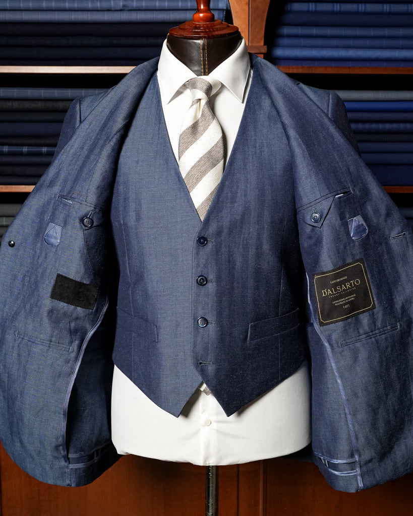 Abito Giotto Lino Blu Spinato con Gilet