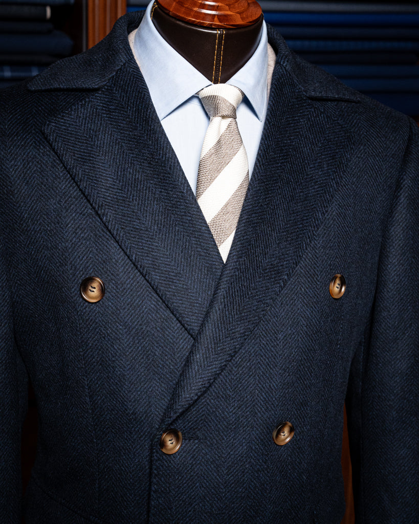 Cappotto Blu Scuro Spinato Lana Cashmere