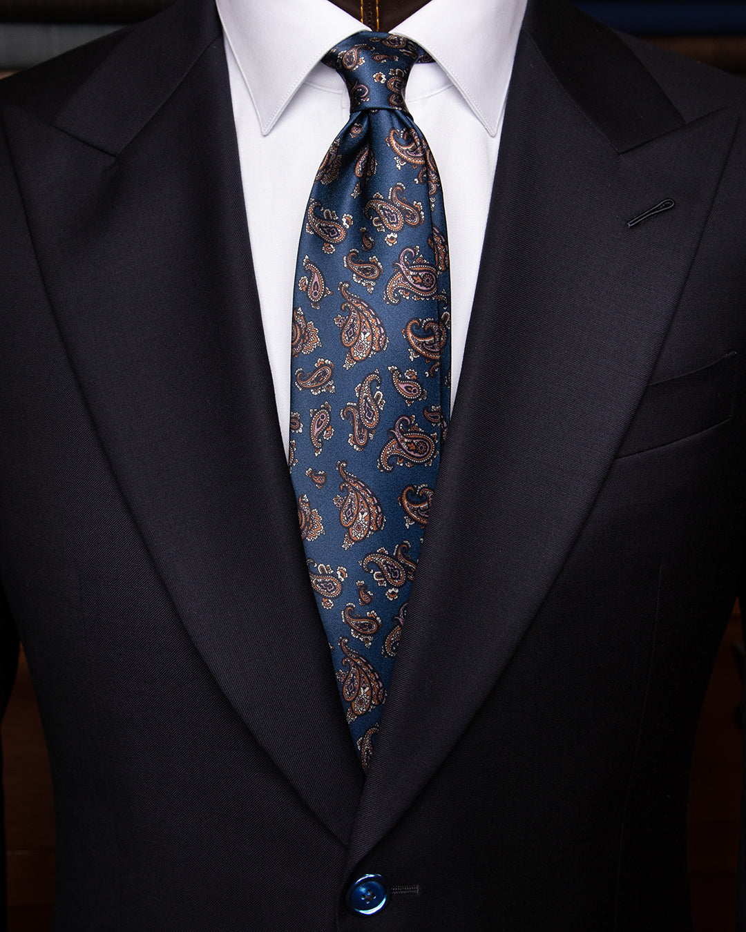 Cravatta Blu con Fantasia Paisley Marrone e Bianca
