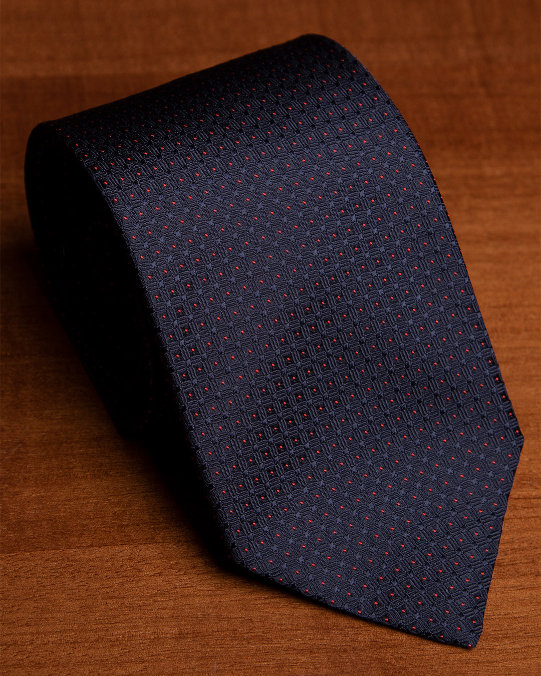 Midnight Blue Jacquard Tie with Midnight Blue Grid and Red Dots
