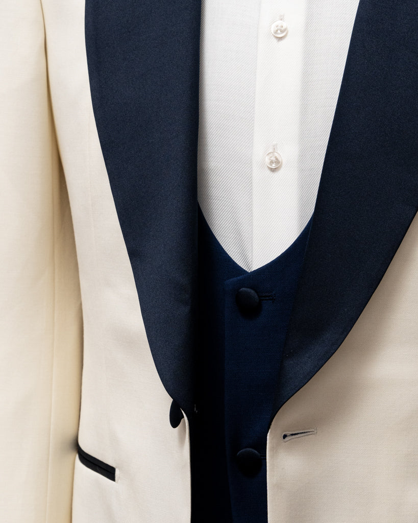 Smoking Donatello Crema con Raso Blu e Gilet Blu Cobalto