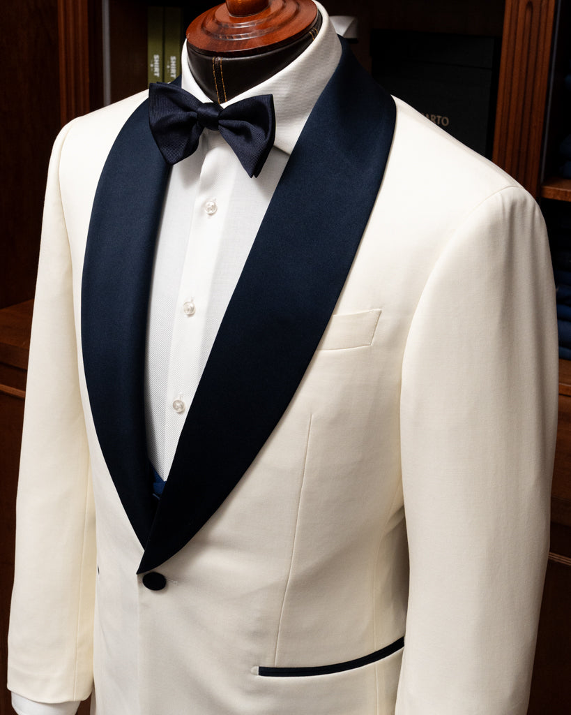 Smoking Donatello Crema con Raso Blu e Gilet Blu Cobalto