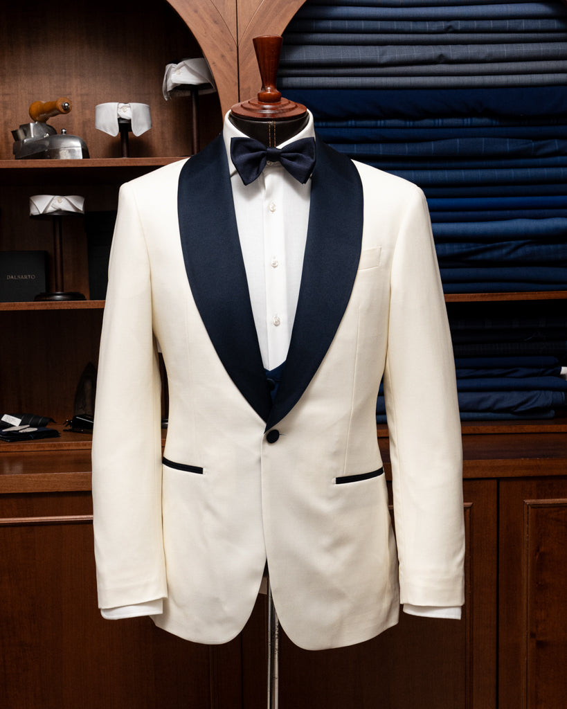 Smoking Donatello Crema con Raso Blu e Gilet Blu Cobalto