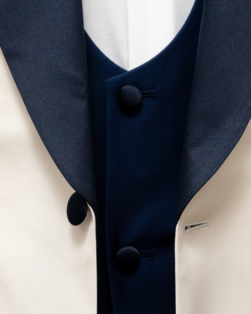 Smoking Donatello Crema con Raso Blu e Gilet Blu Cobalto