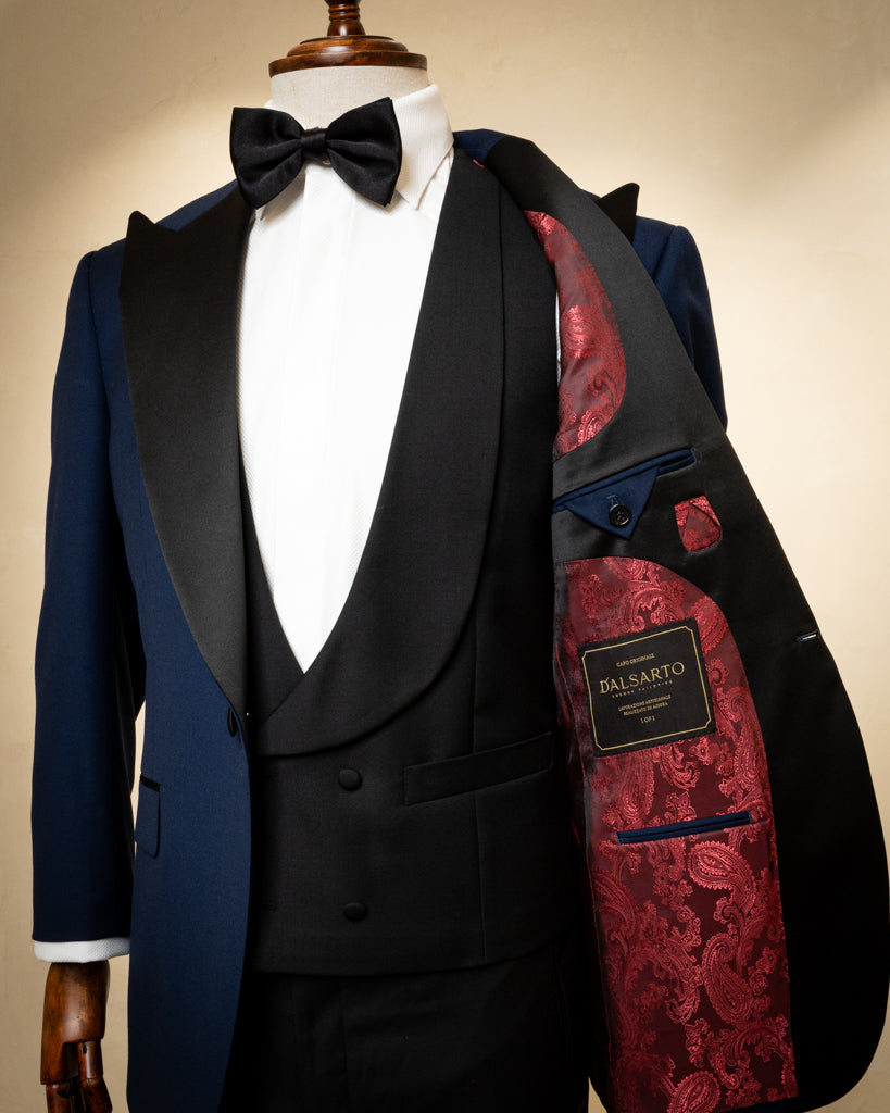 Smoking Michelangelo Blu Notte con Gilet e Pantalone Nero