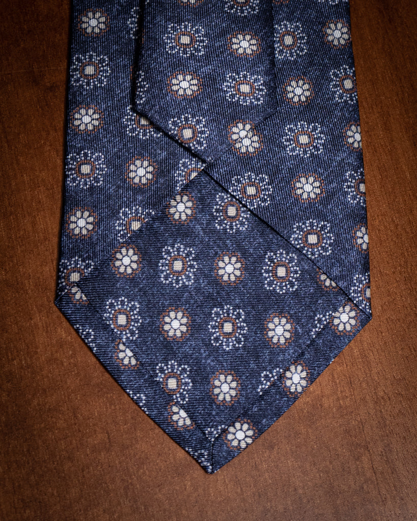 Blue Tie with Brown and White Flowers