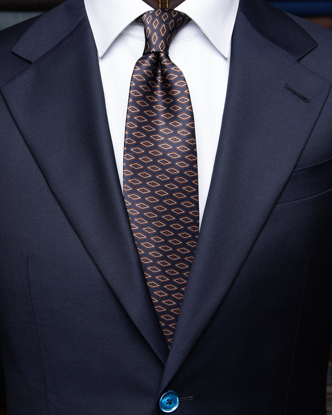 Dark Blue Tie with Brown Diamonds