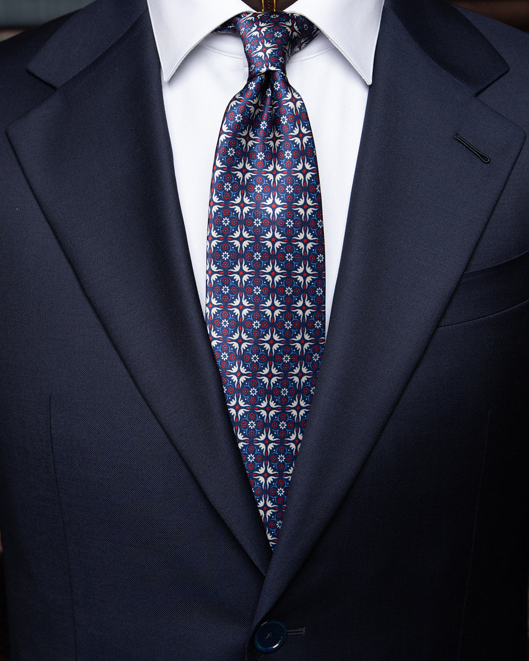 Blue Tie with Heraldic Arabesque and Ruby Accents