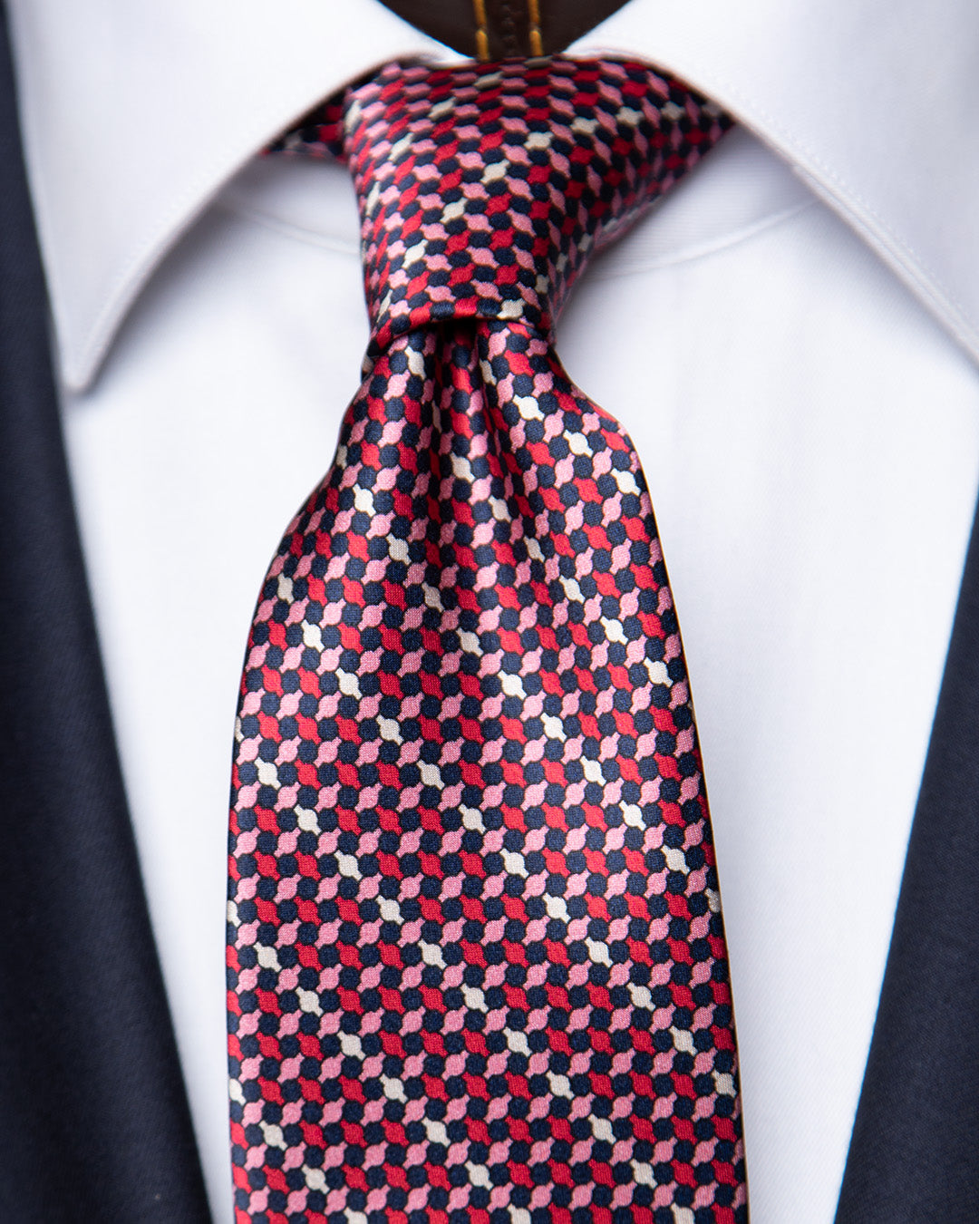 Cravatta Rubino, Navy e Rosa con Motivo Geometrico