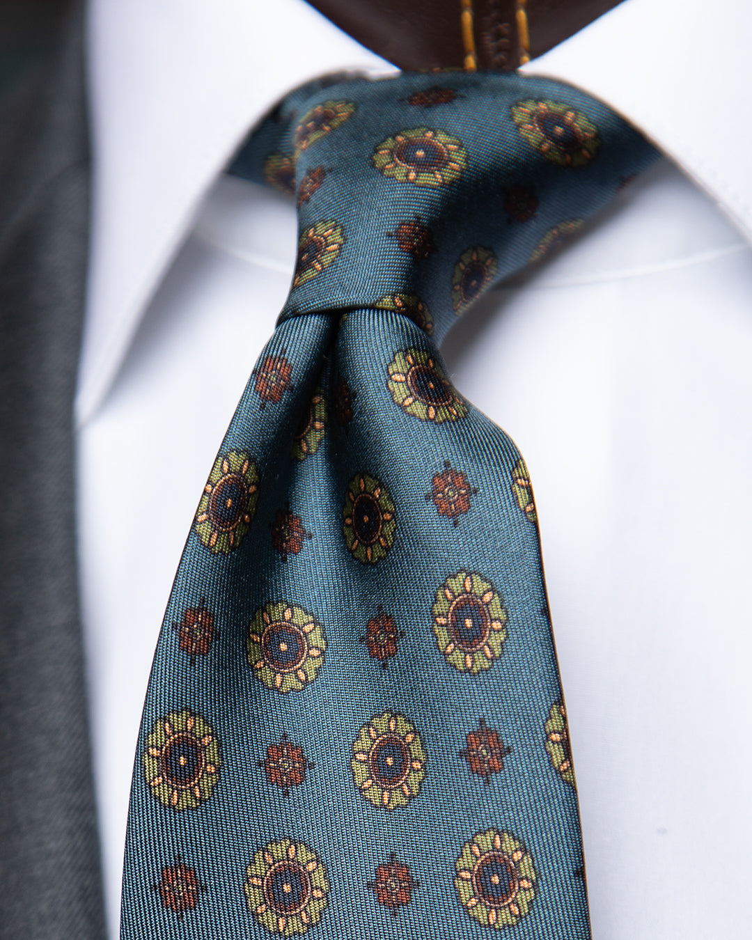 Sky Blue Tie with Green and Bronze Floral Pattern