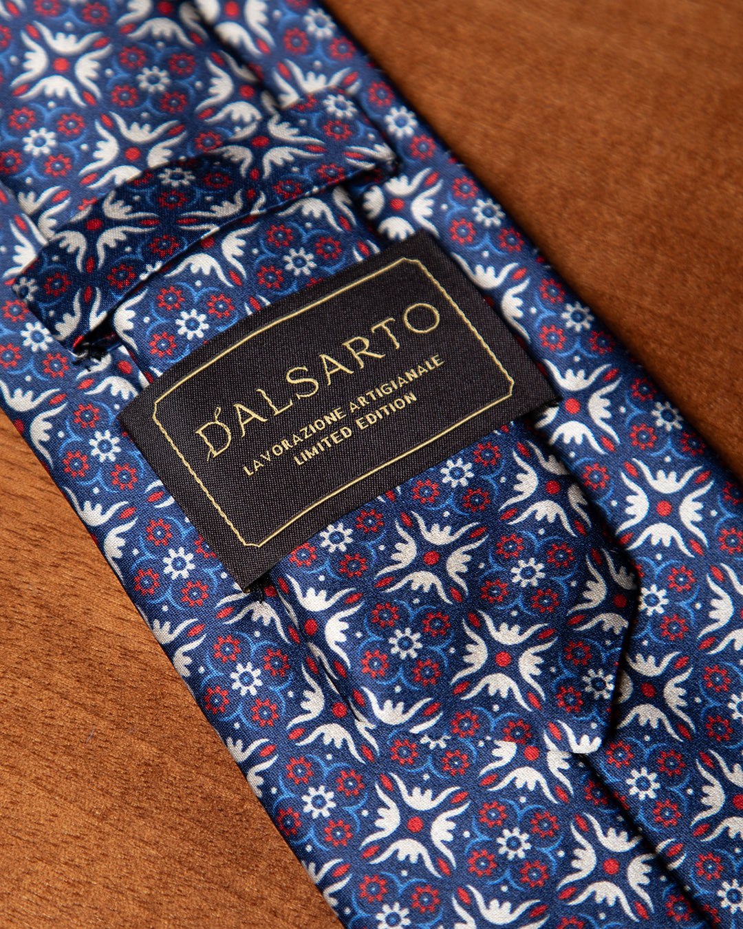 Blue Tie with Heraldic Arabesque and Ruby Accents