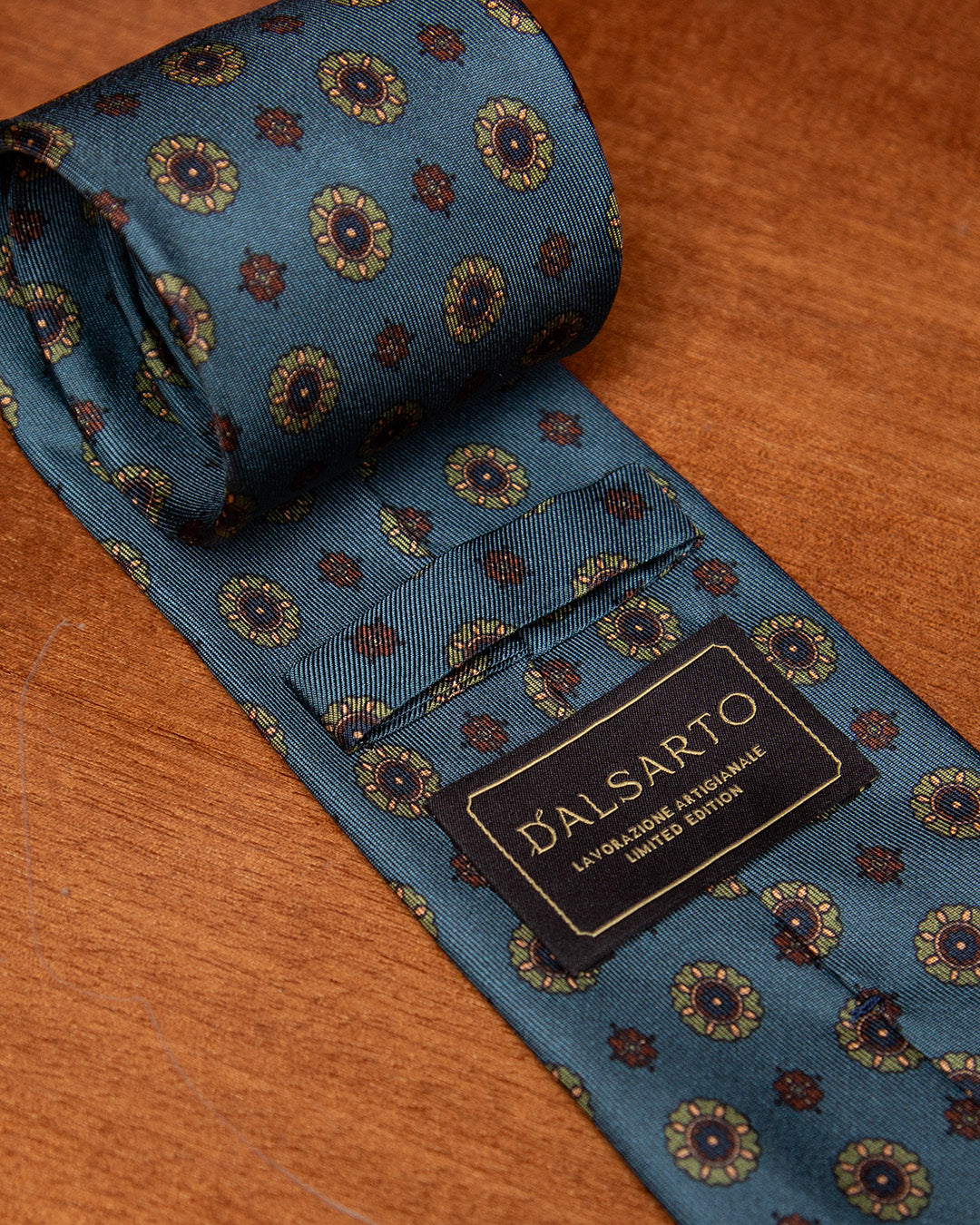 Sky Blue Tie with Green and Bronze Floral Pattern