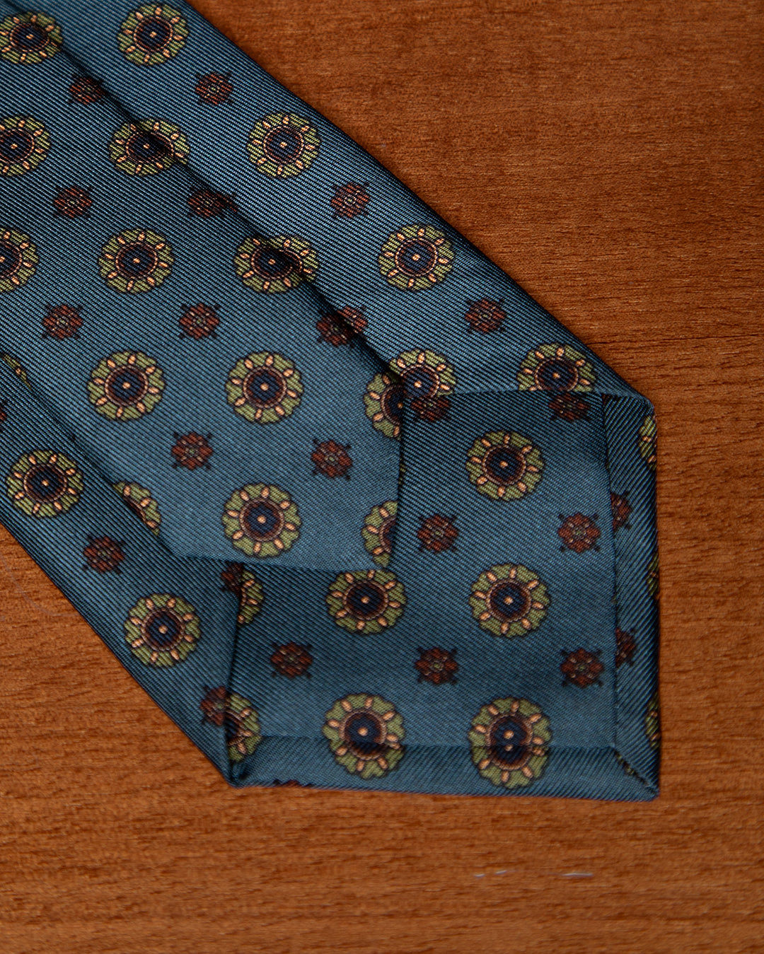 Sky Blue Tie with Green and Bronze Floral Pattern