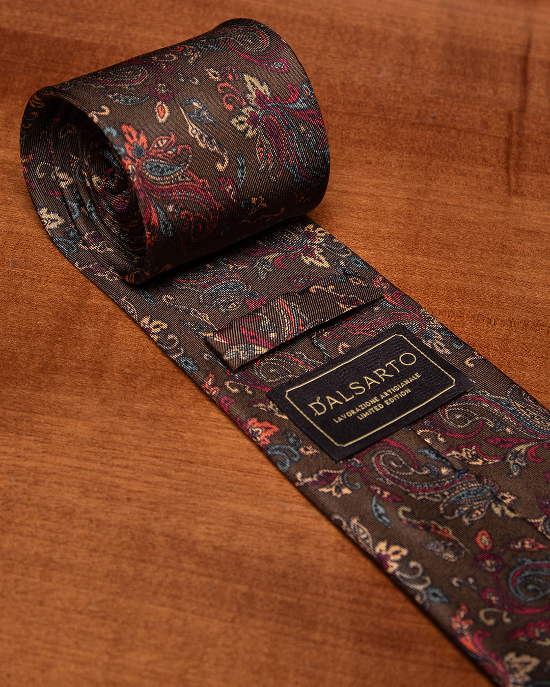 Brown Tie with Saffron and Ruby Floral Pattern