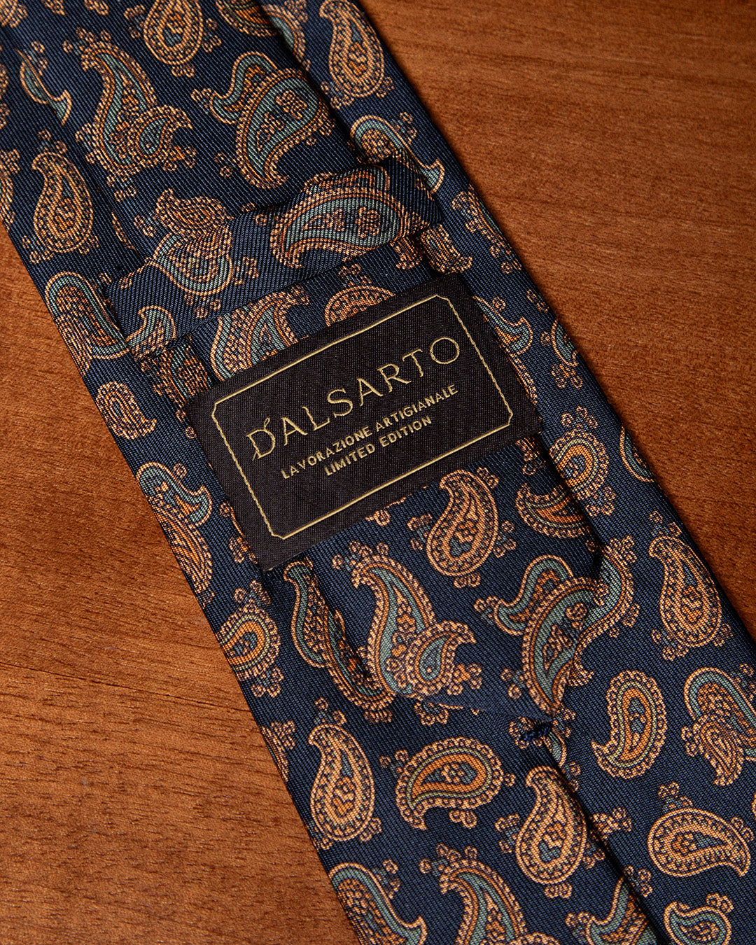 Navy Blue Tie with Light Blue and Gold Paisley Pattern