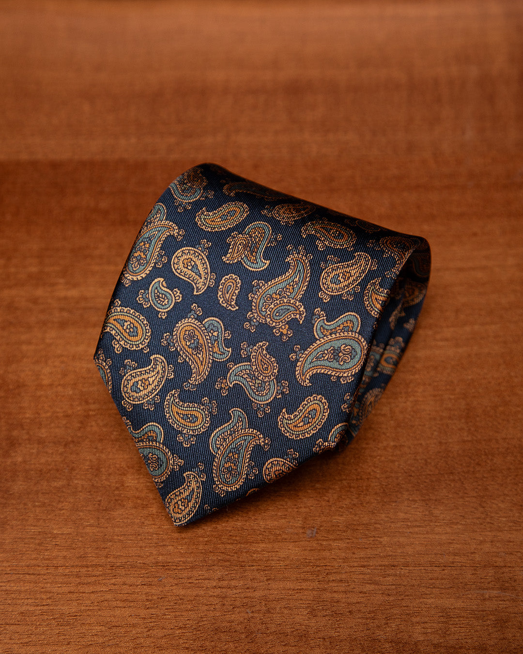 Navy Blue Tie with Light Blue and Gold Paisley Pattern